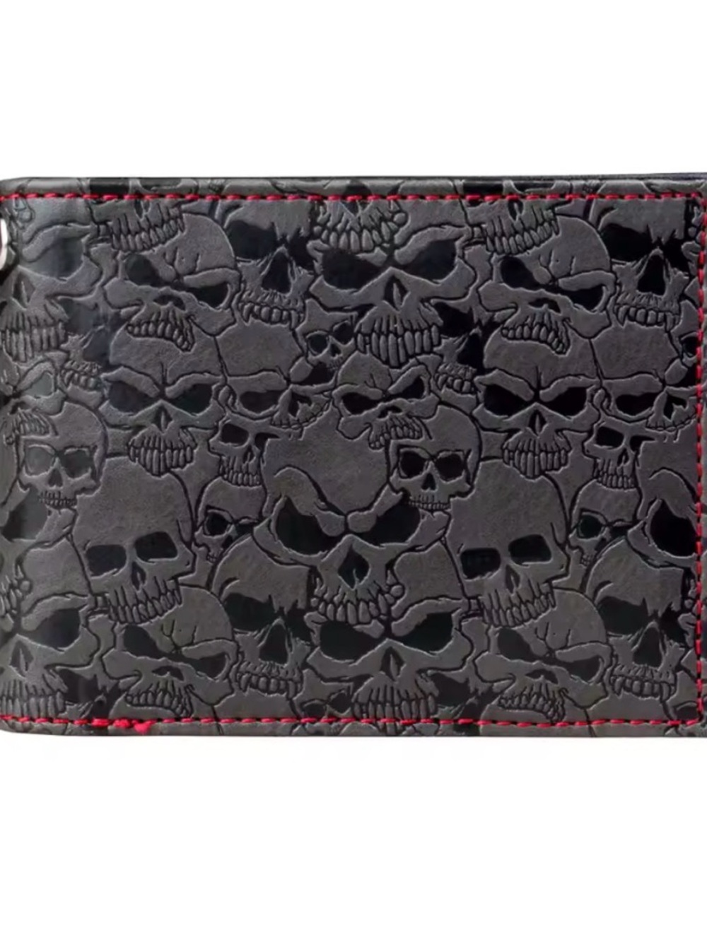 Men’s Grey Embossed Bifold Skull Wallet With Red Stitching